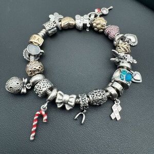 Pandora 925 sterling silver gold  7.5” charm bracelet with 22 charms
